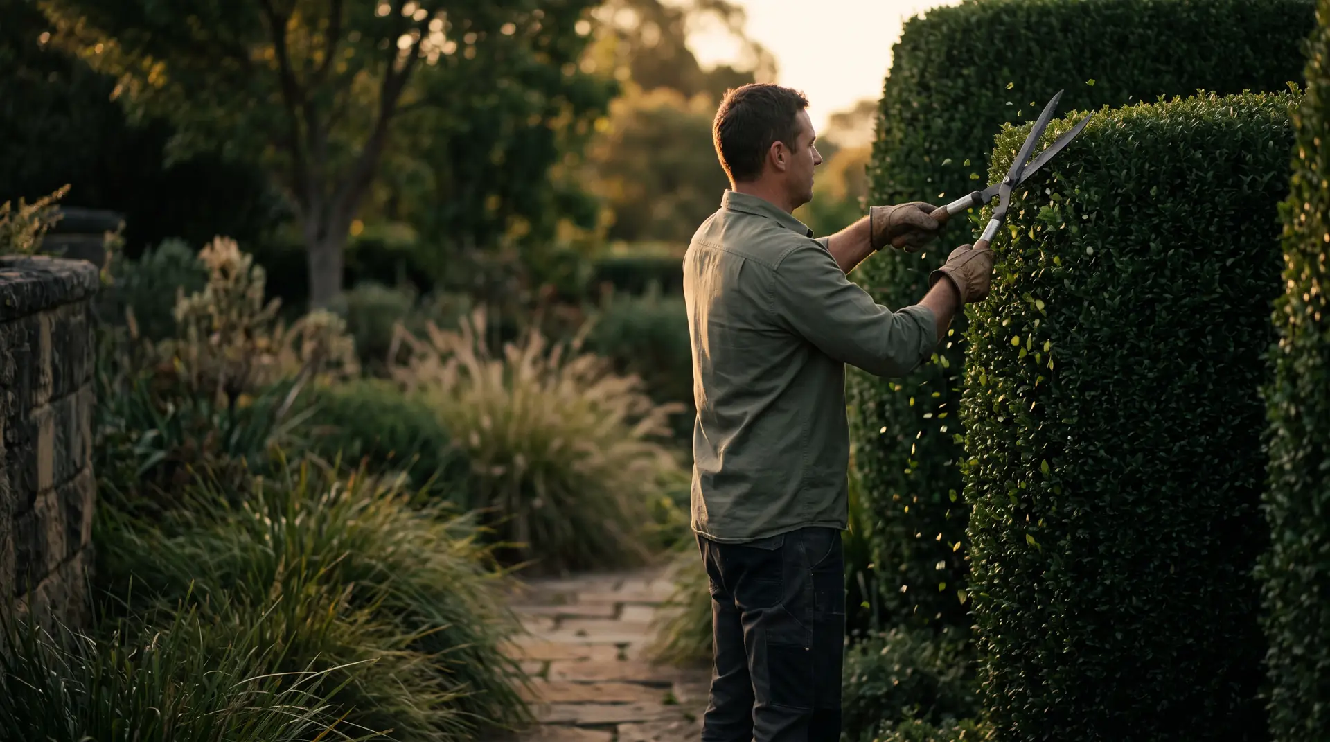 Illustrative AI-generated image: a gardener trimming a tall hedge at sunset