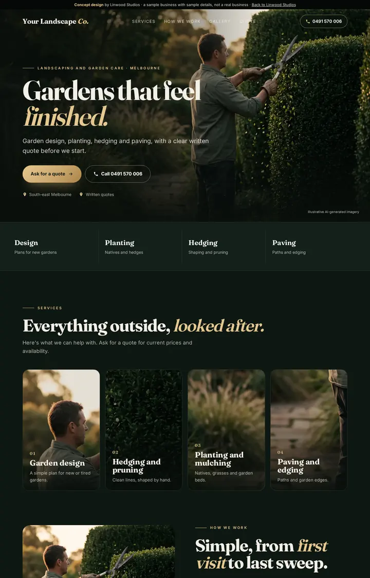 Concept homepage for a sample landscaper on a laptop