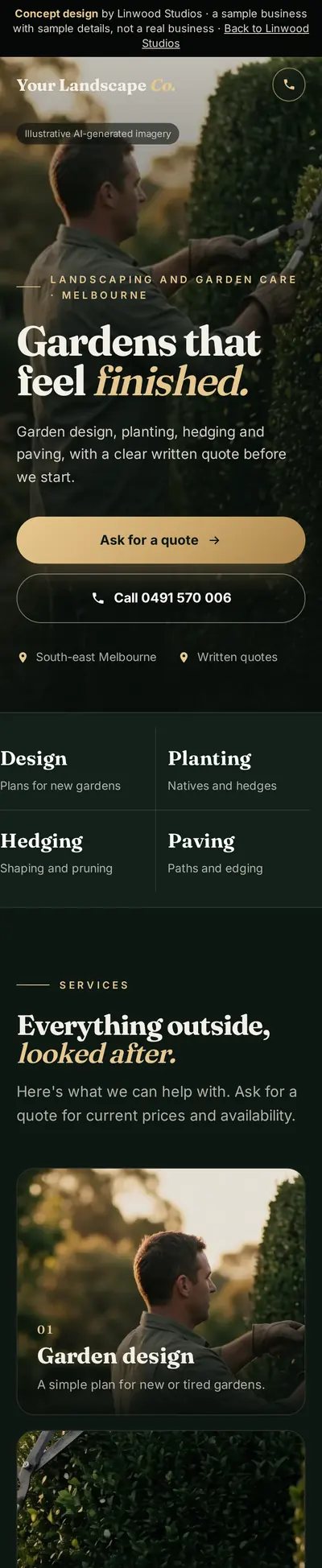 The same concept homepage on a phone, with quote and call buttons
