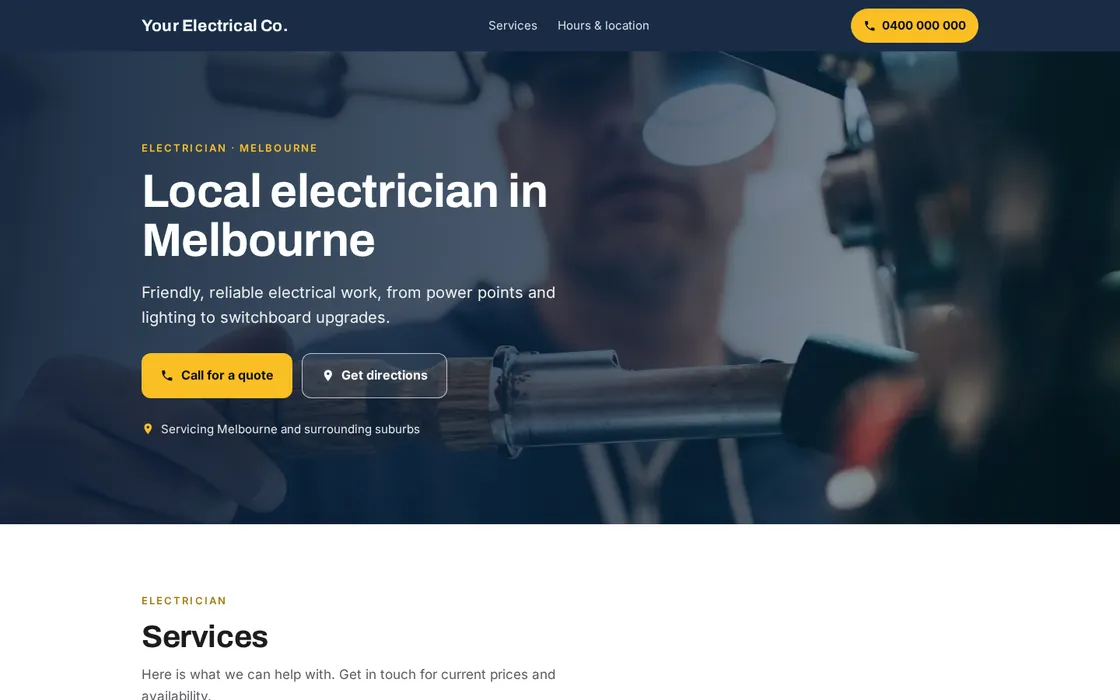 Concept homepage for a sample electrician on a laptop
