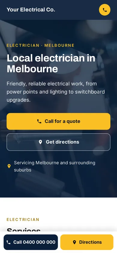 Concept homepage for a sample electrician on a phone