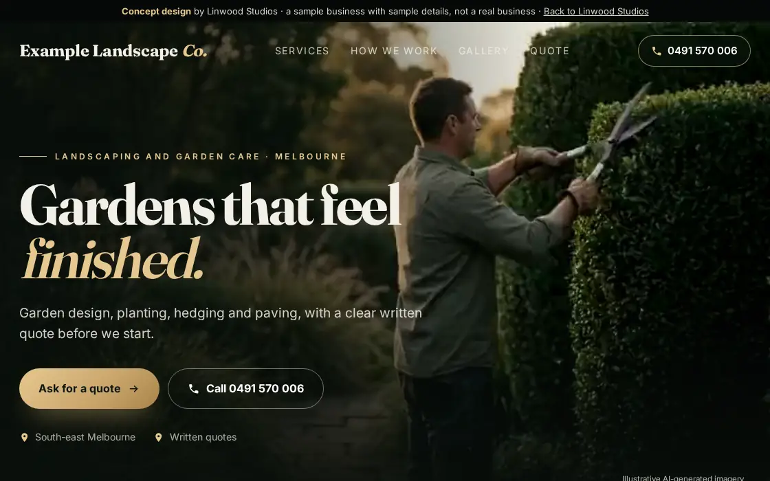 Concept homepage for a sample landscaper on a laptop