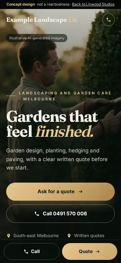 Concept homepage for a sample landscaper on a phone