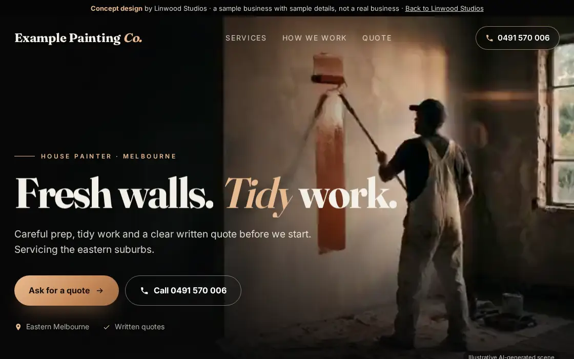 Concept homepage for a sample house painter on a laptop