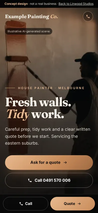 Concept homepage for a sample house painter on a phone