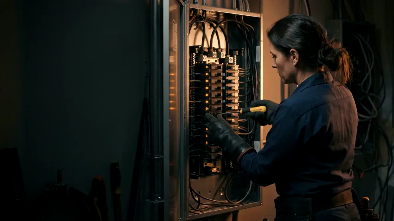 Illustrative AI-generated scene: an electrician working at a switchboard