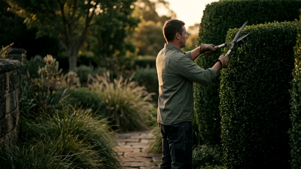 Illustrative AI-generated scene: a gardener trimming a hedge with hedge shears