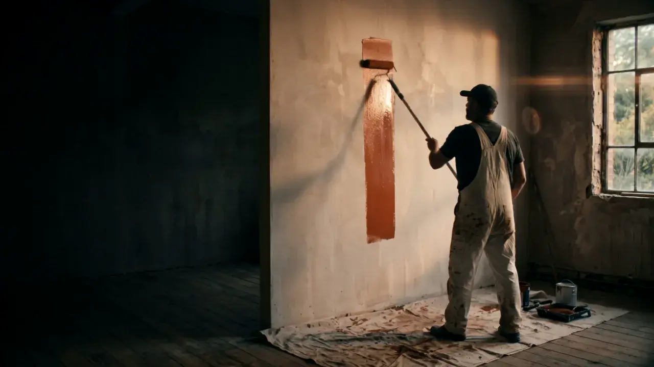 Illustrative AI-generated scene: a painter rolling terracotta paint onto a wall