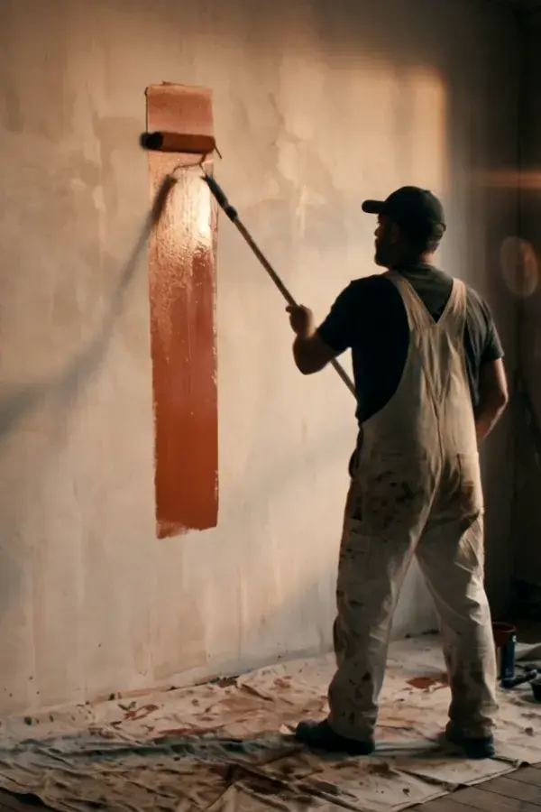 Illustrative AI-generated scene: a painter rolling paint onto a wall, seen from behind