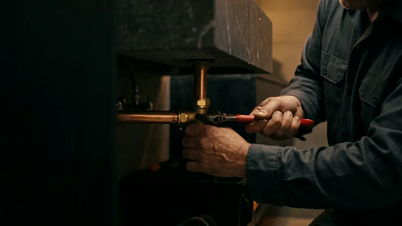 Illustrative AI-generated scene: a plumber tightening a brass fitting on a copper pipe with a spanner