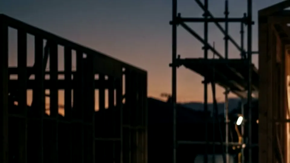 Illustrative AI-generated scenes: a timber house frame and scaffolding at dusk, then a garden of hedges and grasses